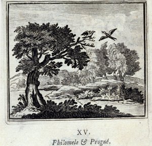 Philomele och Progne. Fabler av Jean de La Fontaine (1621-95). Illustration av François Chauveau (1613-1676). Upplaga av 1728.