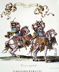 Romerska timbaliers under karusellen som gavs av kung Ludvig XIV (1638-1715) 1662 Gravyr av Francois Chauveau (1613-1676) 1600-talets privatsamling