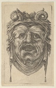 Satyrmask med böjda horn, bladiga ögonbryn och en duk som hänger under hakan, ca. 1635-45. av Francois Chauveau