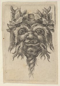 Satyrmask med ett spiralformat skägg och murgröna grupperade runt varje horn, från Divers..., ca. 1635-45.