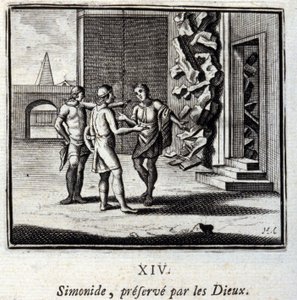 Simonides bevaras av gudarna. Fabler av Jean de La Fontaine (1621-95). Illustration av Francois Chauveau (1613-1676). Upplaga av 1728. av Francois Chauveau