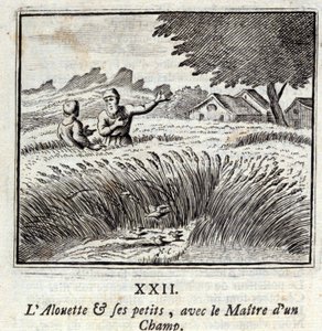 Alouetten och hans små med Mästaren på ett fält. Fabler av Jean de La Fontaine (1621-95). Illustration av François Chauveau (1613-1676). Upplaga av 1728. av Francois Chauveau