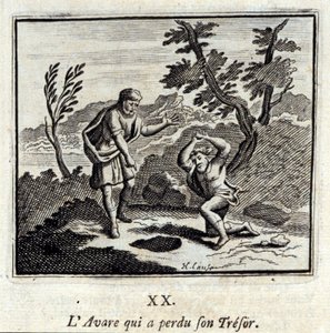 Avaren som förlorade sin tresor.Fabler av Jean de La Fontaine (1621-95). Illustration av François Chauveau (1613-1676). Upplaga av 1728. av Francois Chauveau