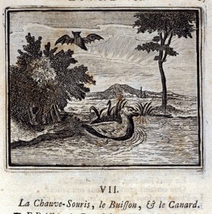 Fladdermusen, busken och ankan. Fabler av Jean de La Fontaine (1621-95). Illustration av François Chauveau (1613-1676). Upplaga av 1728. av Francois Chauveau