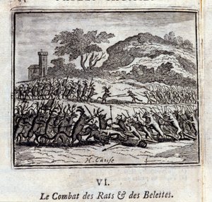 Slaget om råttor och vässlor. Fabler av Jean de La Fontaine (1621-95). Illustration av François Chauveau (1613-1676). Upplaga av 1728. av Francois Chauveau