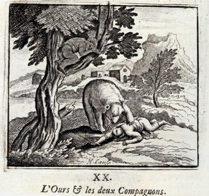 Björnen och de två följeslagarna. Fabler av Jean de La Fontaine (1621-95). Illustration av François Chauveau (1613-1676). Upplaga av 1728. av Francois Chauveau