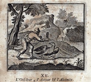 Fågelfågeln runt och Alouetten. Fabler av Jean de La Fontaine (1621-95). Illustration av François Chauveau (1613-1676). Upplaga av 1728. av Francois Chauveau