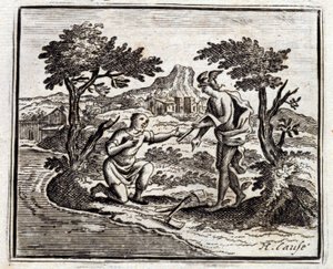 Bucheron och Merkurius. Fabler av Jean de La Fontaine (1621-95). Illustration av Francois Chauveau (1613-1676). Upplaga av 1728.
