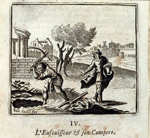 Brännaren och hans Compere. Fabler av Jean de La Fontaine (1621-95). Illustration av Francois Chauveau (1613-1676). Upplaga av 1728. av Francois Chauveau
