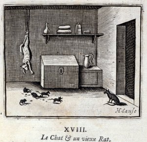Katten och en gammal råtta. Fabler av Jean de La Fontaine (1621-95). Illustration av Francois Chauveau (1613-1676). Upplaga av 1728. av Francois Chauveau