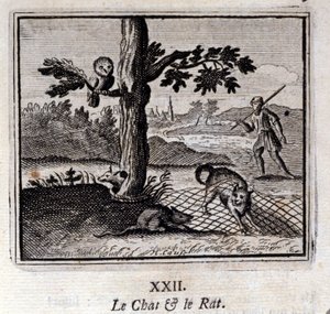 Katten och råttan. Fabler av Jean de La Fontaine (1621-95). Illustration av Francois Chauveau (1613-1676). Upplaga av 1728. av Francois Chauveau