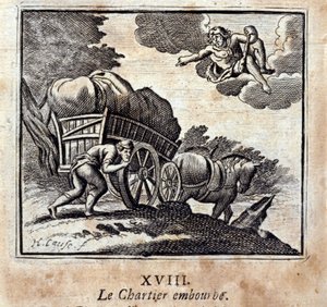 Chartiern stör sig. Fabler av Jean de La Fontaine (1621-95). Illustration av François Chauveau (1613-1676). Upplaga av 1728. av Francois Chauveau