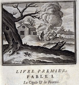 Cigalen och myran. Fabler av Jean de La Fontaine (1621-95). Illustration av François Chauveau (1613-1676). Upplaga av 1728. av Francois Chauveau