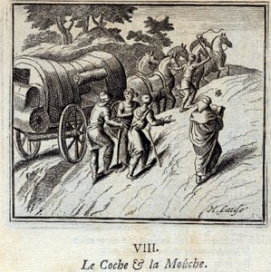 Cochen och flugan. Fabler av Jean de La Fontaine (1621-95). Illustration av Francois Chauveau (1613-1676). Upplaga av 1728. av Francois Chauveau