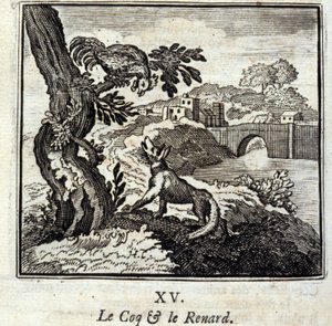 Coq och räven. Fabler av Jean de La Fontaine (1621-95). Illustration av Francois Chauveau (1613-1676). Upplaga av 1728. av Francois Chauveau