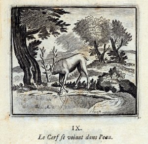 Rådjuret ser sig själv i vattnet. Fabler av Jean de La Fontaine (1621-95). Illustration av François Chauveau (1613-1676). Upplaga av 1728. av Francois Chauveau