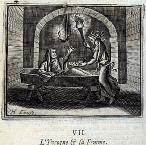 Fyllot och hans fru. Fabler av Jean de La Fontaine (1621-95). Illustration av François Chauveau (1613-1676). Upplaga från 1728. av Francois Chauveau