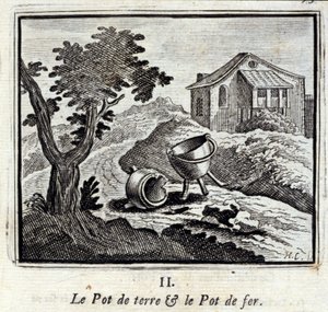 Jordgrytan och järngrytan. Fabler av Jean de La Fontaine (1621-95). Illustration av François Chauveau (1613-1676). Upplaga från 1728. av Francois Chauveau