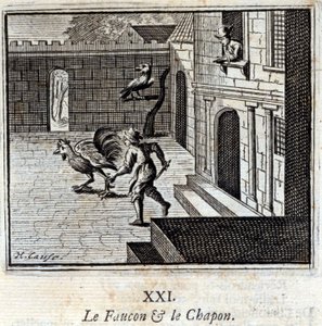 Falken och Kaponen. Fabler av Jean de La Fontaine (1621-95). Illustration av François Chauveau (1613-1676). Upplaga av 1728. av Francois Chauveau