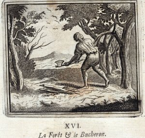 Skogen och Bucheron. Fabler av Jean de La Fontaine (1621-95). Illustration av Francois Chauveau (1613-1676). Upplaga av 1728. av Francois Chauveau