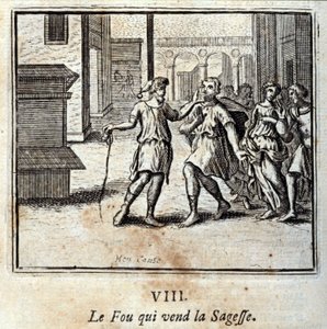 Foun som säljer visdom. Fabler av Jean de La Fontaine (1621-95). Illustration av Francois Chauveau (1613-1676). Upplaga av 1728. av Francois Chauveau