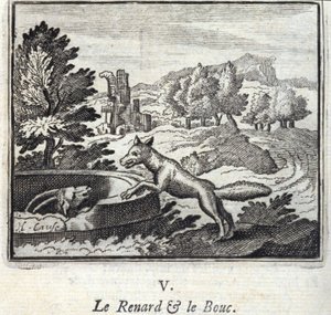 Räven och Bouc.Fables av Jean de La Fontaine (1621-95). Illustration av François Chauveau (1613-1676). Upplaga av 1728. av Francois Chauveau