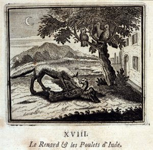 Le Fox ma moa a Initia. Fagogo saunia e Jean de La Fontaine (1621-95). Ata na tusia e François Chauveau (1613-1676). Lomiga o le 1728.swed av Francois Chauveau