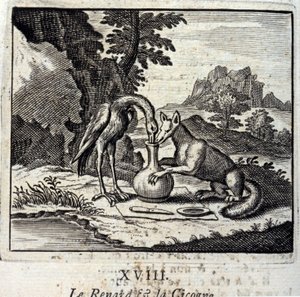 Räven och storken. Fabler av Jean de La Fontaine (1621-95). Illustration av Francois Chauveau (1613-1676). Upplaga av 1728. av Francois Chauveau