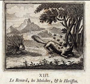 Räven, flugorna och Herisson. Fabler av Jean de La Fontaine (1621-95). Illustration av François Chauveau (1613-1676). Upplaga av 1728. av Francois Chauveau