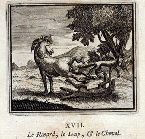 Räven, vargen och hästen. Fabler av Jean de La Fontaine (1621-95). Illustration av François Chauveau (1613-1676). Upplaga av 1728.