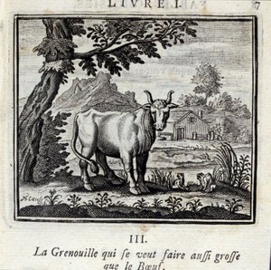 Grodan som vill bli lika stor som nötköttet. Fabler av Jean de La Fontaine (1621-95). Illustration av François Chauveau (1613-1676). Upplaga av 1728. av Francois Chauveau