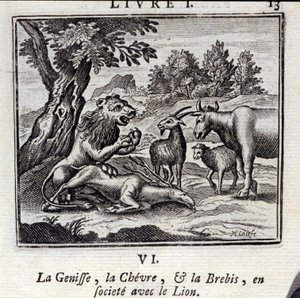 Genissen Gove och fåren i samhället med lejonet. Fabler av Jean de La Fontaine (1621-95). Illustration av François Chauveau (1613-1676). Upplaga av 1728. av Francois Chauveau