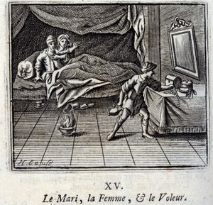 Mannen, kvinnan och tjuven. Fabler av Jean de La Fontaine (1621-95). Illustration av François Chauveau (1613-1676). Upplaga från 1728. av Francois Chauveau