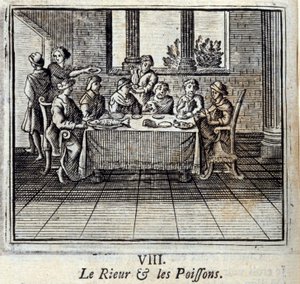 Skrattet och Fiskarna. Fabler av Jean de La Fontaine (1621-95). Illustration av François Chauveau (1613-1676). Upplaga av 1728. av Francois Chauveau