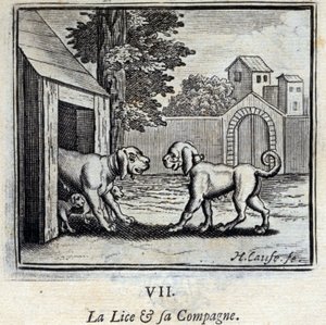 Lösen och hennes följeslagare. Fabler av Jean de La Fontaine (1621-95). Illustration av Francois Chauveau (1613-1676). Upplaga av 1728. av Francois Chauveau