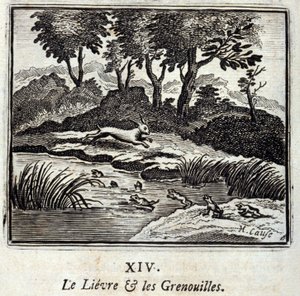 Haren och grodorna. Fabler av Jean de La Fontaine (1621-95). Illustration av Francois Chauveau (1613-1676). Upplaga av 1728. av Francois Chauveau