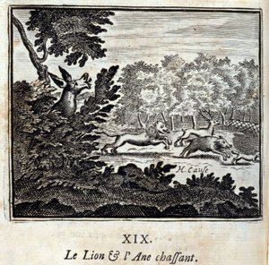 Lejonet och åsnan jagar. Fabler av Jean de La Fontaine (1621-95). Illustration av François Chauveau (1613-1676). Upplaga av 1728. av Francois Chauveau