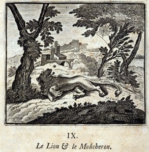 Lejonet och flugsnapparen. Fabler av Jean de La Fontaine (1621-95). Illustration av Francois Chauveau (1613-1676). Upplaga av 1728. av Francois Chauveau