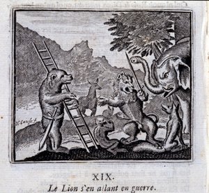 Lejonet går i krig. Fabler av Jean de La Fontaine (1621-95). Illustration av Francois Chauveau (1613-1676). Upplaga av 1728. av Francois Chauveau