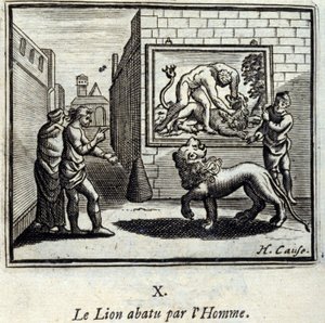 Lejonet nedskjutet av Man. Fabler av Jean de La Fontaine (1621-95). Illustration av François Chauveau (1613-1676). Upplaga av 1728. av Francois Chauveau
