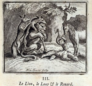 Lejonet, vargen och räven. Fabler av Jean de La Fontaine (1621-95). Illustration av François Chauveau (1613-1676). Upplaga av 1728. av Francois Chauveau