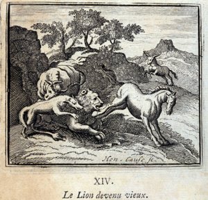 Lejonet blev gammalt. Fabler av Jean de La Fontaine (1621-95). Illustration av Francois Chauveau (1613-1676). Upplaga av 1728. av Francois Chauveau