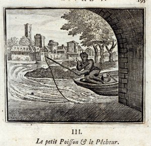 Den lilla fisken och fiskaren. Fabler av Jean de La Fontaine (1621-95). Illustration av François Chauveau (1613-1676). Upplaga av 1728. av Francois Chauveau