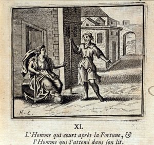 Mannen som springer efter Fortune och Mannen som väntar på honom i sängen. Fabler av Jean de La Fontaine (1621-95). Illustration av François Chauveau (1613-1676). Upplaga av 1728. av Francois Chauveau