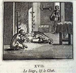 Apan och katten. Fabler av Jean de La Fontaine (1621-95). Illustration av Francois Chauveau (1613-1676). Upplaga av 1728. av Francois Chauveau