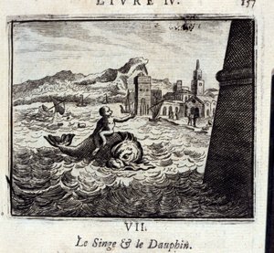 Apan och dauphinen. Fabler av Jean de La Fontaine (1621-95). Illustration av Francois Chauveau (1613-1676). Upplaga av 1728. av Francois Chauveau