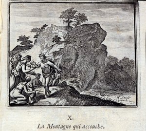 Berget föder. Fabler av Jean de La Fontaine (1621-95). Illustration av Francois Chauveau (1613-1676). Upplaga av 1728. av Francois Chauveau