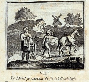 Mullet skryter om sin släktforskning. Fabler av Jean de La Fontaine (1621-95). Illustration av François Chauveau (1613-1676). Upplaga från 1728. av Francois Chauveau