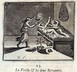 Den gamla damen och de två tjänarna. Fabler av Jean de La Fontaine (1621-95). Illustration av François Chauveau (1613-1676). Upplaga från 1728. av Francois Chauveau