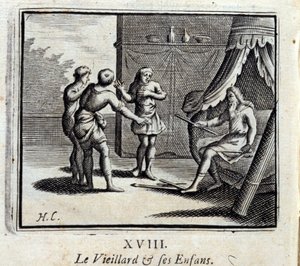 Den gamle mannen och hans barn. Fabler av Jean de La Fontaine (1621-95). Illustration av François Chauveau (1613-1676). Upplaga av 1728. av Francois Chauveau